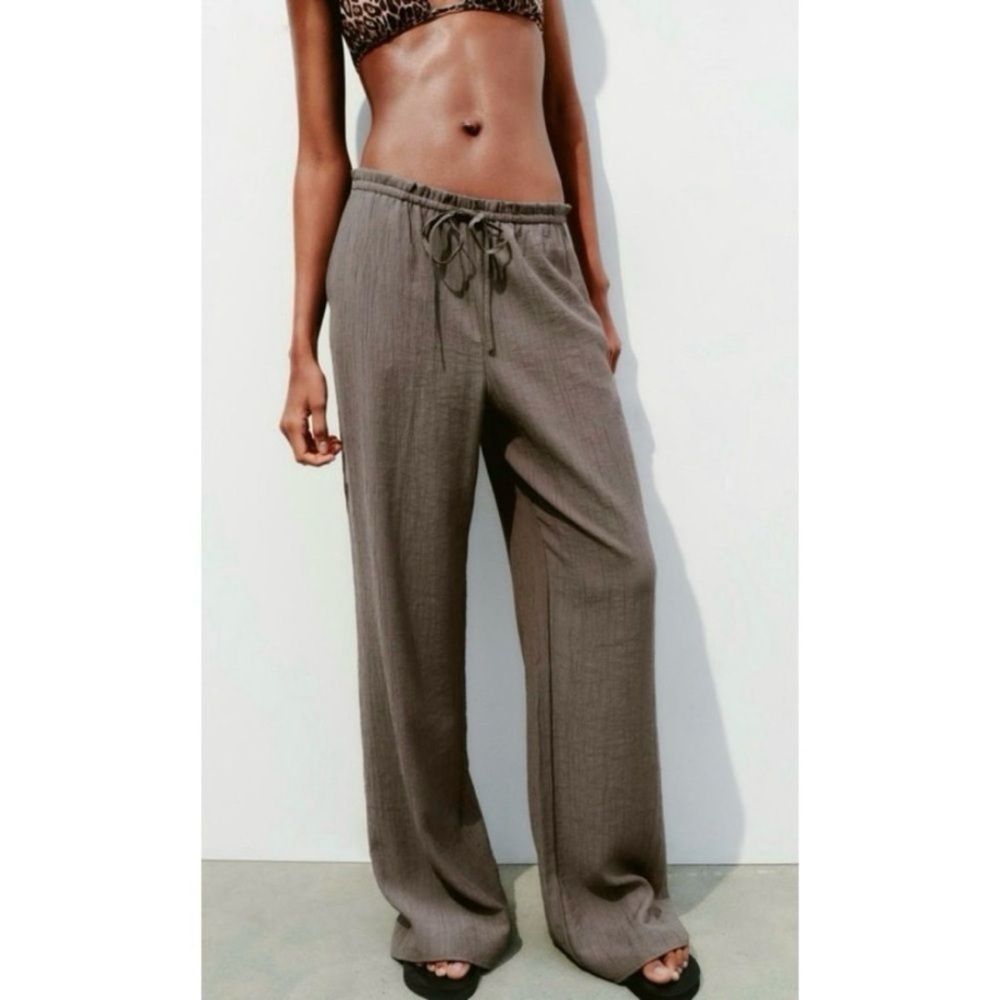 Zara Crinkle Gauze Pants Womens XS Gray High Rise Ankle Pull On Textured Pockets - Picture 2 of 15